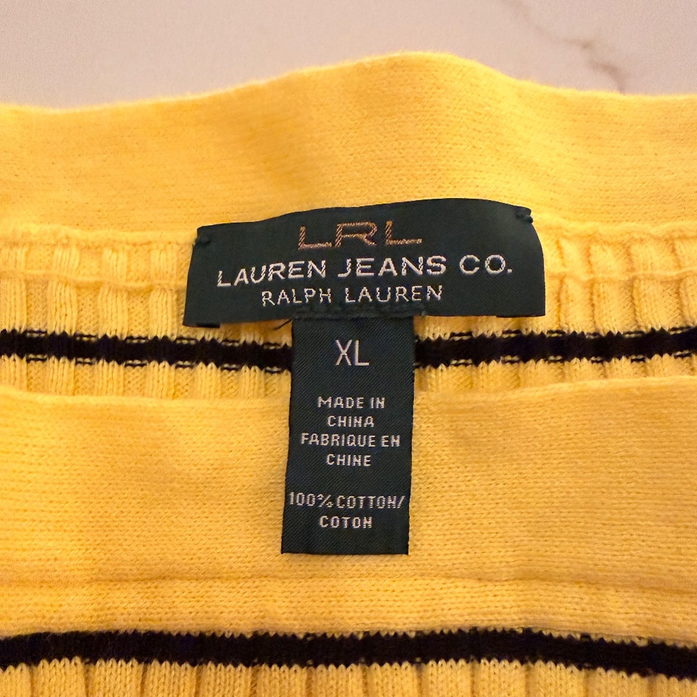 Lauren Jeans Co Ralph Lauren Yellow Striped Ribbed Sweater | Button Shoulder - Picture 3 of 5
